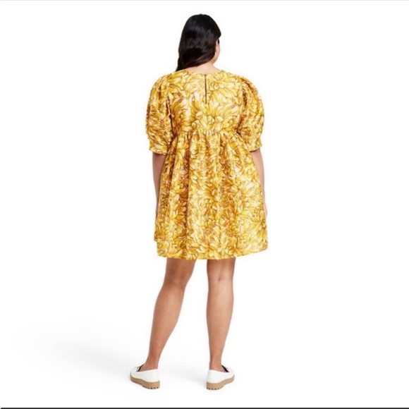 NWT Kika Vargas for Target Floral Puff Sleeve Mini Dress Gold - Picture 2 of 6